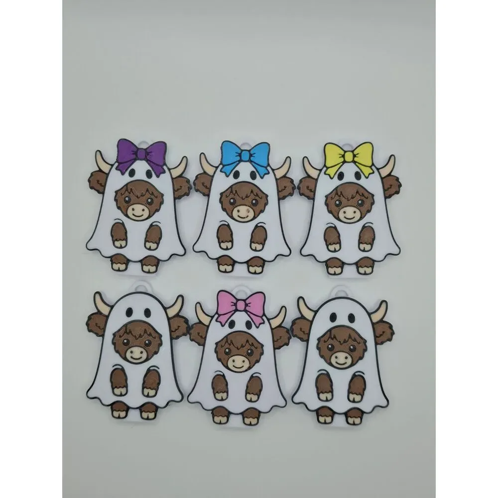 3D-Printed Ghost Highland Cow Soda Can Opener Keychains 6-Pack